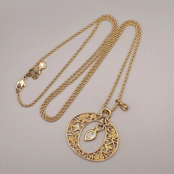 CHRISTIAN DIOR CD Logo Long Rhinestone Charm Pendant Necklace Gold - Picture 1 of 9